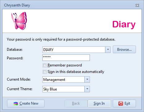 Select the diary database and other sign in options