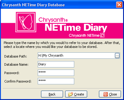 Determine new diary database location, name and password
